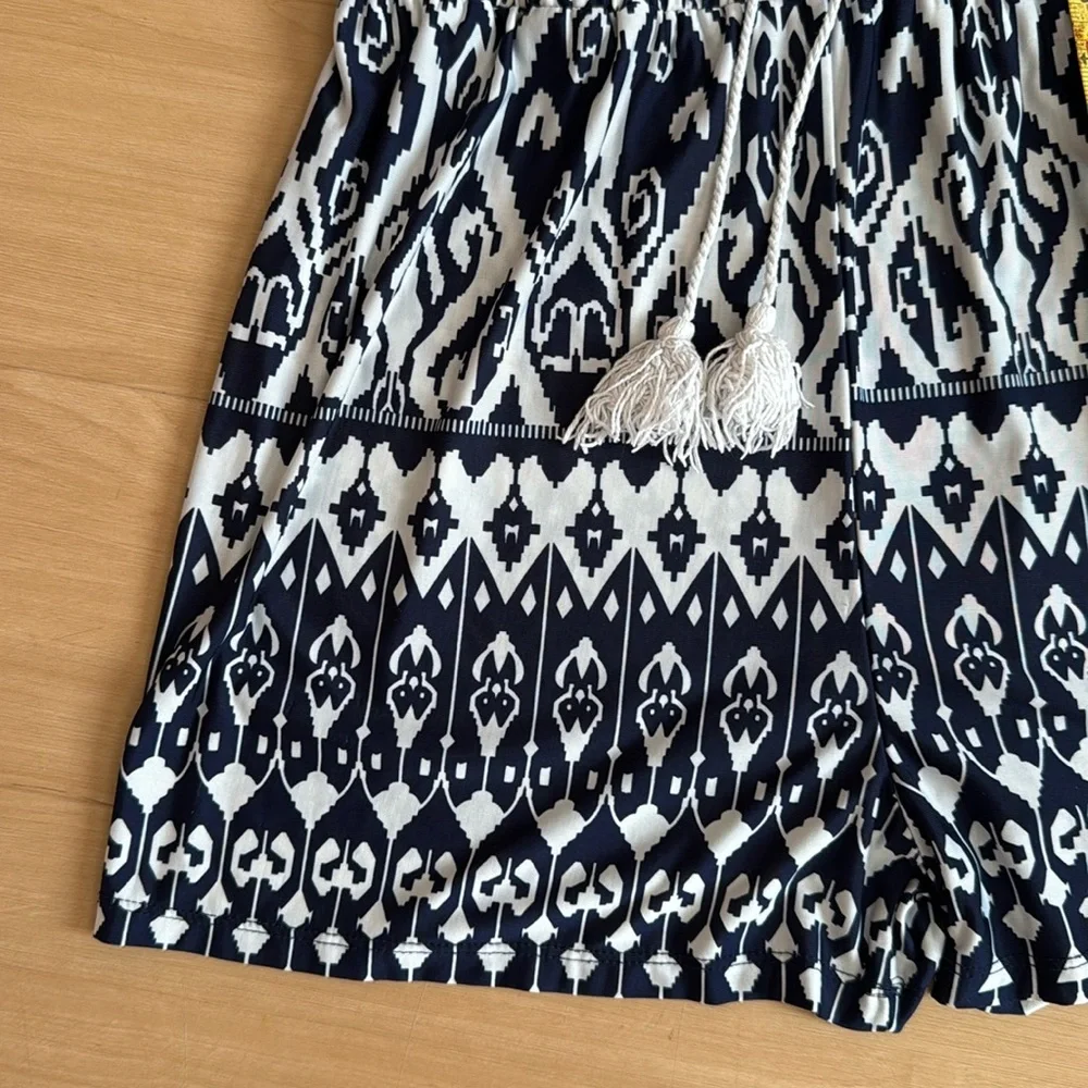 STRAPLESS TRIBAL PRINT NAVY WHITE ROMPER TIE WAIST SIZE L/XL